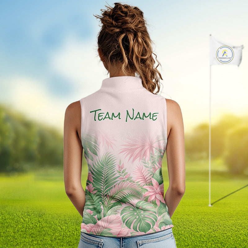 Personalized Green And Pink Tropical Pattern Custom Golf Sleeveless Polo Shirt For Women Golf Team Clothes NYN2864
