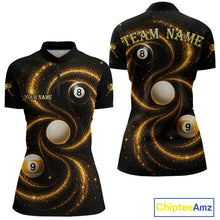 Load image into Gallery viewer, Black and Yellow Galaxy women's quarter zip billiard shirt custom pool league jersey, professional cue sports uniform