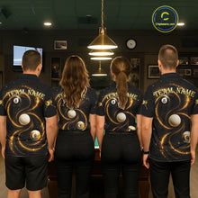 Load image into Gallery viewer, Men women billiard team wearing Black and Yellow Galaxy custom pool uniforms, professional billiards team jerseys
