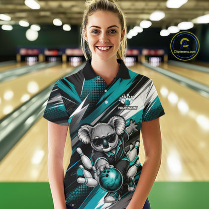 Female bowler posing in a modern bowling alley wearing Grunge Turquoise Bear jersey, personalized bowling apparel, bear symbolizes courage, determination, teamwork, family fun, outdoor adventure, competitive spirit, custom sportswear.