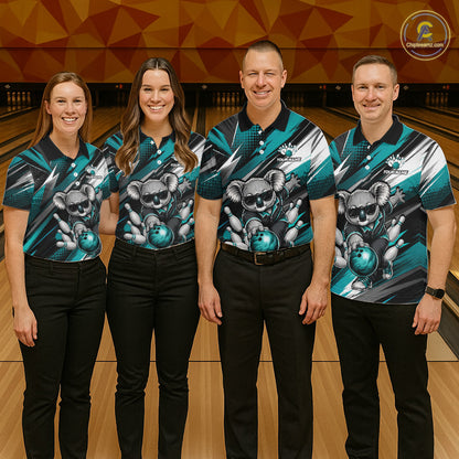Bowling team wearing matching Funny Bear jerseys with personalized names, mascot-inspired uniforms, league champions, USBC tournament apparel, corporate team building, friendship, teamwork, outdoor adventure, wildlife symbolism, championship spirit.