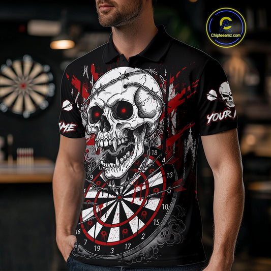 Custom Red Grey Skull Barbed Wire Dartboard Grunge Darts Polo Shirt For Men Dart Gifts NYN1968