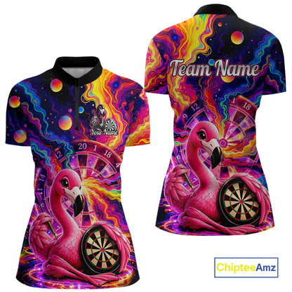 Personalized Cute Flamingo Dart Polo & Quarter Zip Shirt For Women Colorful Rainbow Paint Darts Jersey NYN2869