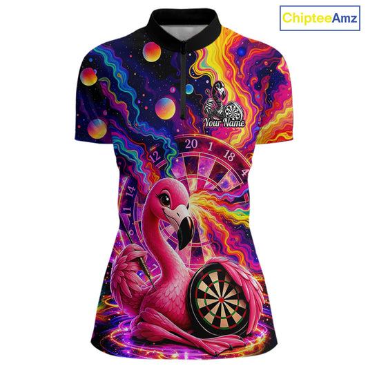 Personalized Cute Flamingo Dart Polo & Quarter Zip Shirt For Women Colorful Rainbow Paint Darts Jersey NYN2869