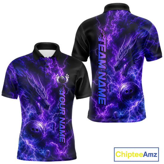 Dragon Thunder Purple Bowling Polo featuring personalized player name, purple dragon graphics, thunder artwork, breathable bowling apparel, fantasy sportswear, leadership, courage, strength symbolism, custom league jersey.