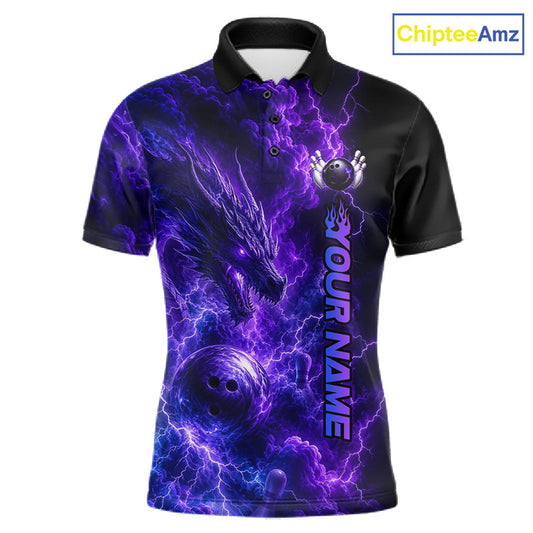 Dragon Thunder Purple Bowling Polo featuring personalized player name, purple dragon graphics, thunder artwork, breathable bowling apparel, fantasy sportswear, leadership, courage, strength symbolism, custom league jersey.