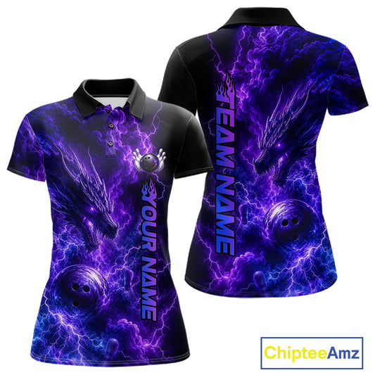 Custom Dragon Thunder Purple Bowling Polo featuring fierce purple dragon, lightning effects, personalized bowling team name, moisture-wicking performance polo, custom bowling league apparel, fantasy dragon artwork, Asian mythology inspiration, warrior symbolism, championship sportswear, USBC tournament jersey.