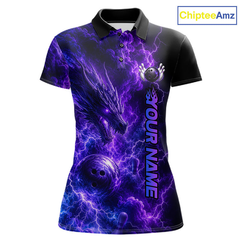 Custom Dragon Thunder Purple Bowling Polo featuring fierce purple dragon, lightning effects, personalized bowling team name, moisture-wicking performance polo, custom bowling league apparel, fantasy dragon artwork, Asian mythology inspiration, warrior symbolism, championship sportswear, USBC tournament jersey.