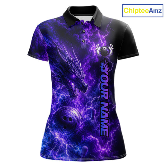 Custom Dragon Thunder Purple Bowling Polo featuring fierce purple dragon, lightning effects, personalized bowling team name, moisture-wicking performance polo, custom bowling league apparel, fantasy dragon artwork, Asian mythology inspiration, warrior symbolism, championship sportswear, USBC tournament jersey.