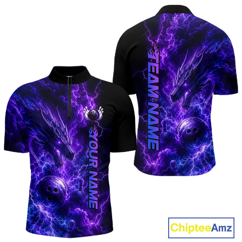 Dragon Thunder Purple Quarter-Zip Bowling Jersey featuring personalized bowling team name, fantasy dragon design, moisture-wicking sportswear, professional bowling tournament clothing.