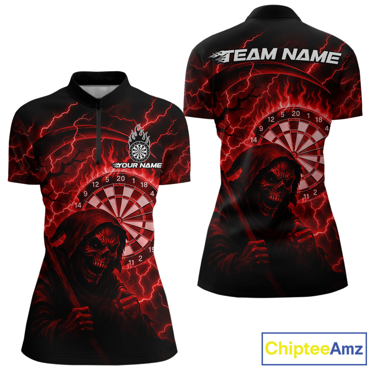 Custom Lightning Red Grim Reaper Women Dart 1/4-Zip Shirt Flames Dart Tournament Jersey NYN1448