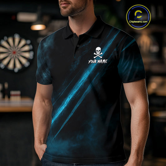 Custom Silver Skull Dartboard Lightning Turquoise Dart Men Polo Jerseys Outfits Dart Shirt NYN1712
