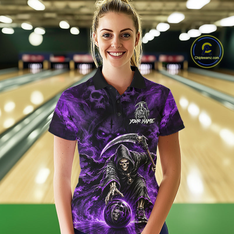 Female bowler wearing Grim Reaper bowling jersey symbolizing resilience, fearlessness, transformation, Halloween culture, tattoo fashion, personalized sportswear.
