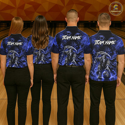 Bowling team wearing matching Blue Flame Grim Reaper jerseys with personalized names, gothic-inspired uniforms, championship sportswear, teamwork, resilience, Halloween tournament apparel.