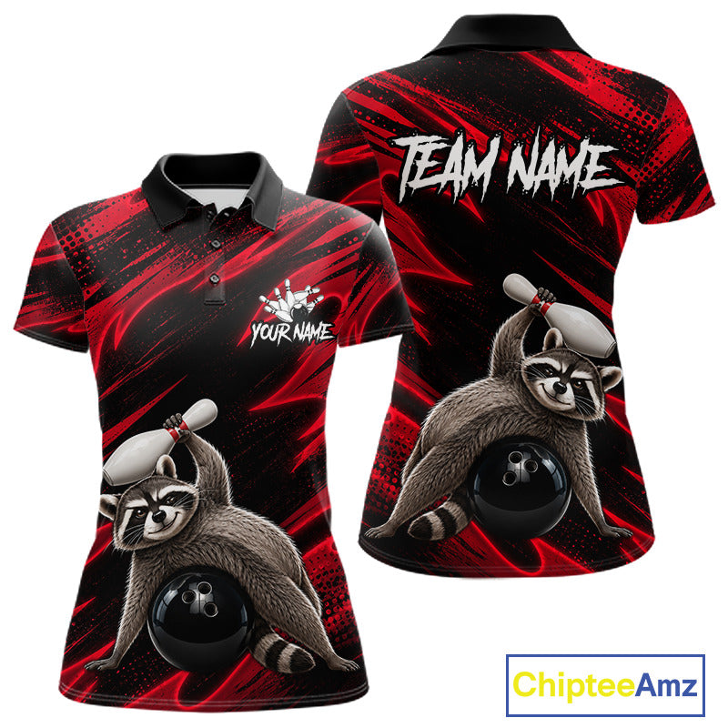 Neon Red Funny Raccoon Bowling Polo featuring neon raccoon mascot, personalized bowling team name, moisture-wicking athletic polo, gaming-inspired mascot sportswear, custom bowling tournament apparel.