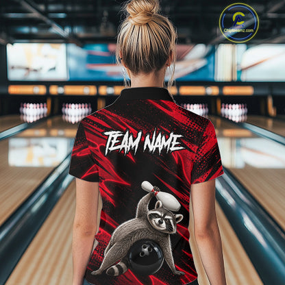 Female bowler wearing Neon Red Funny Raccoon bowling jersey representing fun, creativity, confidence, esports-inspired fashion, personalized bowling apparel.