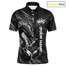 Load image into Gallery viewer, Black and White Grunge Dragon men's bowling polo shirt, personalized bowling ball and pins jersey, custom team apparel