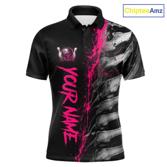 Pink Splatter Grey Bone Men's Bowling Polo Shirt, Personalized Bowling Team Jersey, Skeleton Performance Shirt, Pink Splatter Tournament Apparel, Athletic League Uniform