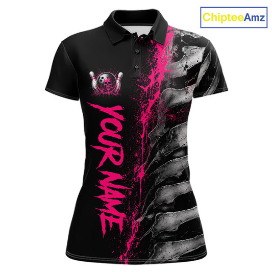 Pink Splatter Grey Bone Women's Bowling Polo Shirt, Personalized Team Jersey, Skeleton Bowling Tournament Apparel, Pink Paint Splatter Performance Shirt, Breast Cancer Awareness Team, Bowling League Uniform