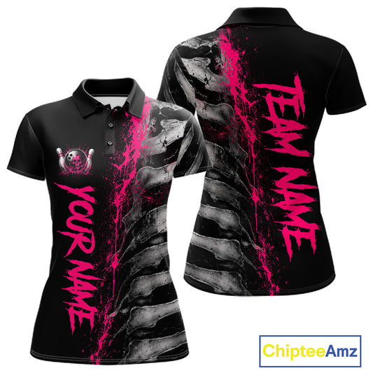 Pink Splatter Grey Bone Women's Bowling Polo Shirt, Personalized Team Jersey, Skeleton Bowling Tournament Apparel, Pink Paint Splatter Performance Shirt, Breast Cancer Awareness Team, Bowling League Uniform