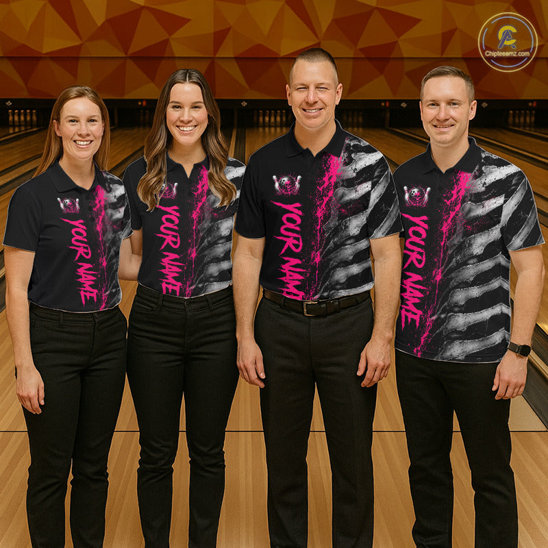 Bowling team wearing matching Pink Splatter Grey Bone polo and quarter-zip jerseys, personalized tournament uniforms, teamwork, resilience, breast cancer awareness, bowling league champions