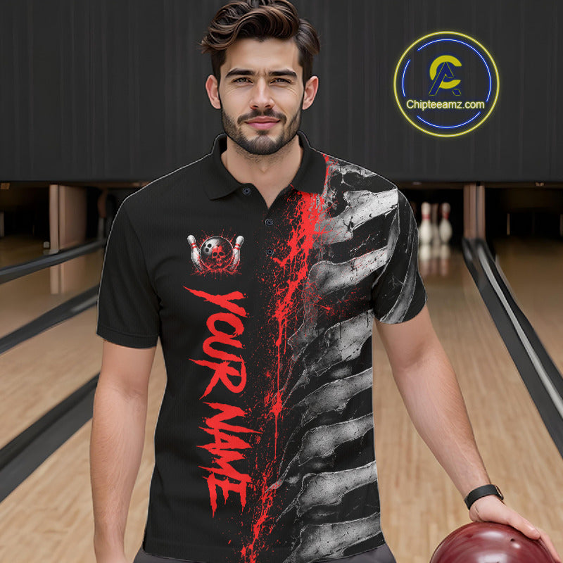 Male model wearing Red Splatter Grey Bone custom bowling polo shirt, personalized skeleton league jersey, bowling tournament apparel, power and determination