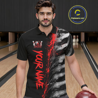 Male model wearing Red Splatter Grey Bone custom bowling polo shirt, personalized skeleton league jersey, bowling tournament apparel, power and determination