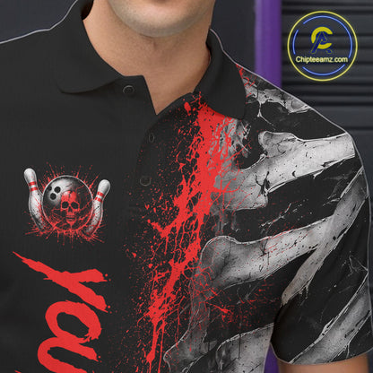 Male model wearing Red Splatter Grey Bone custom bowling polo shirt, personalized skeleton league jersey, bowling tournament apparel, power and determination