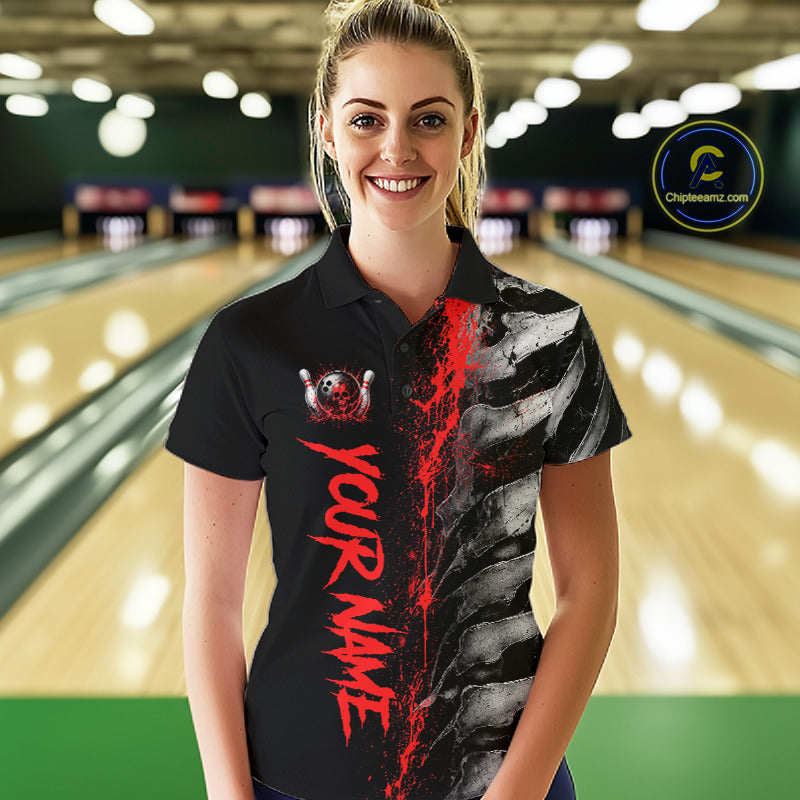 Female model wearing Red Splatter Grey Bone personalized bowling polo shirt during championship tournament, skeleton artwork, athletic confidence, competitive energy