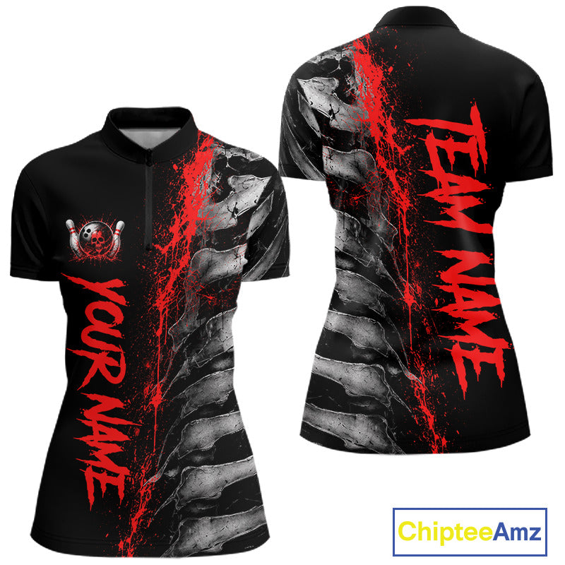 Red Splatter Grey Bone Women's Bowling Quarter-Zip Shirt, Personalized Skeleton Team Jersey, Performance Tournament Apparel, Championship Bowling Uniform