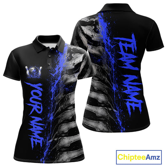 Blue Splatter Grey Bone Women's Bowling Polo Shirt, Personalized Bowling Team Jersey, Skeleton Tournament Apparel, Blue Paint Performance Uniform, Bowling League Outfit, Precision & Focus