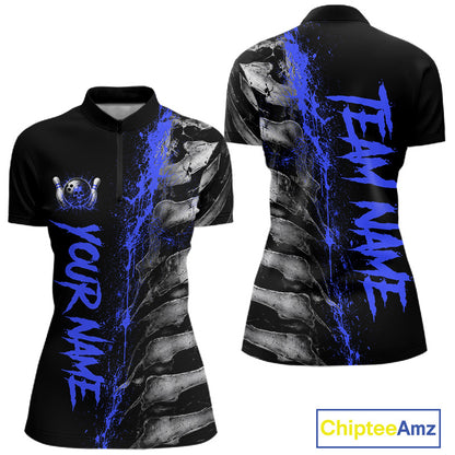 Blue Splatter Grey Bone Women's Bowling Quarter-Zip Shirt, Personalized Skeleton Team Jersey, Performance Bowling Apparel, Tournament Uniform