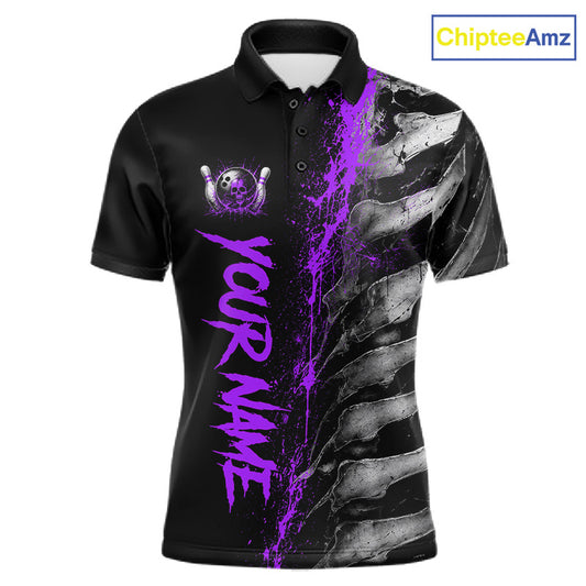 Purple Splatter Grey Bone Men's Bowling Polo Shirt, Personalized Skeleton Team Jersey, Purple Tournament Apparel, Bowling Performance Shirt