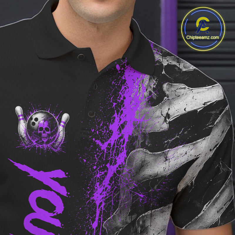 Male model wearing Purple Splatter Grey Bone custom bowling polo shirt, skeleton bowling jersey, sports league apparel, championship mindset