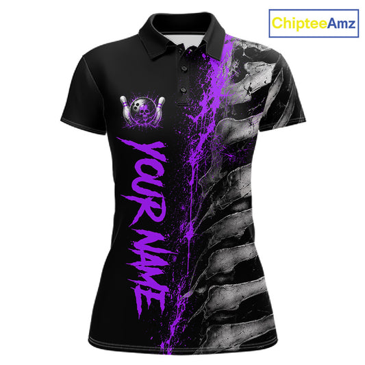 Purple Splatter Grey Bone Women's Bowling Polo Shirt, Personalized Skeleton Bowling Team Jersey, Purple Paint Tournament Apparel, Creative Athletic League Uniform