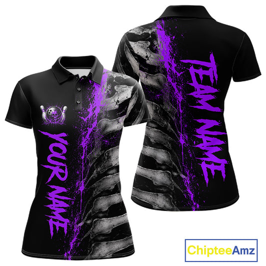 Purple Splatter Grey Bone Women's Bowling Polo Shirt, Personalized Skeleton Bowling Team Jersey, Purple Paint Tournament Apparel, Creative Athletic League Uniform