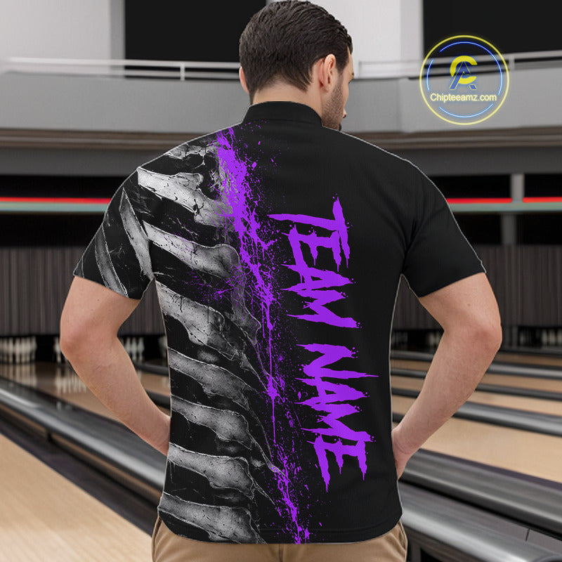 Male model wearing Purple Splatter Grey Bone custom bowling polo shirt, skeleton bowling jersey, sports league apparel, championship mindset