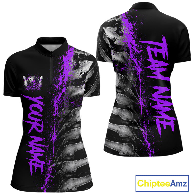 Purple Splatter Grey Bone Women's Bowling Quarter-Zip Shirt, Personalized Skeleton Bowling Jersey, Athletic Tournament Uniform, Performance Apparel