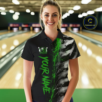 Female model wearing Green Splatter Grey Bone bowling polo shirt during bowling league tournament, skeleton design, athletic confidence, energy, resilience
