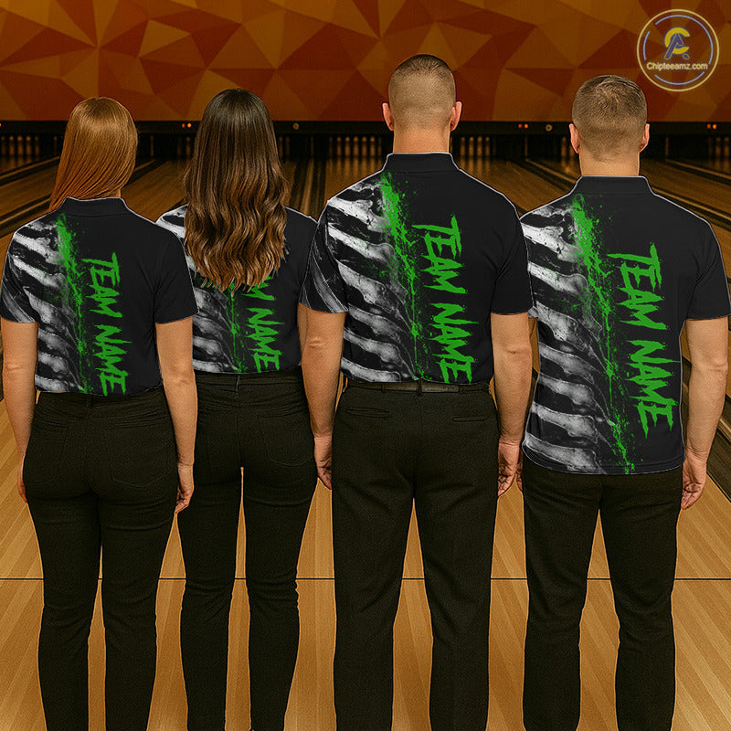 Bowling team wearing matching Green Splatter Grey Bone polo and quarter-zip jerseys, personalized league uniforms, teamwork, resilience, growth, championship spirit