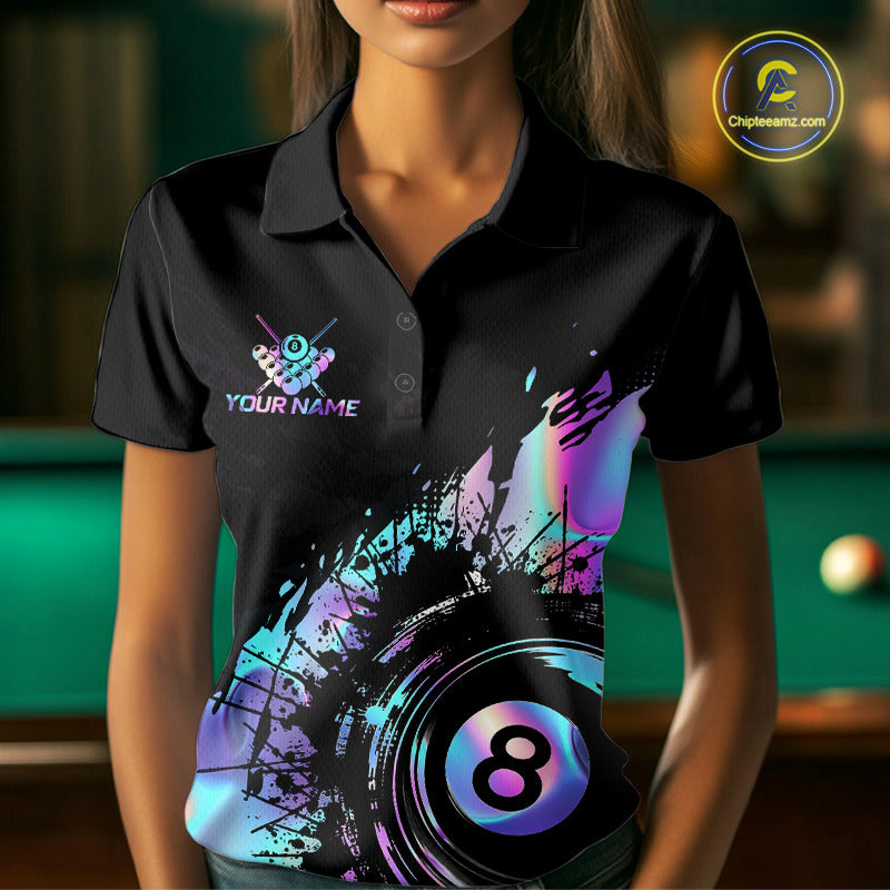 Female model wearing holographic rainbow billiard polo, personalized sports apparel, APA league uniform, colorful cue sports fashion.
