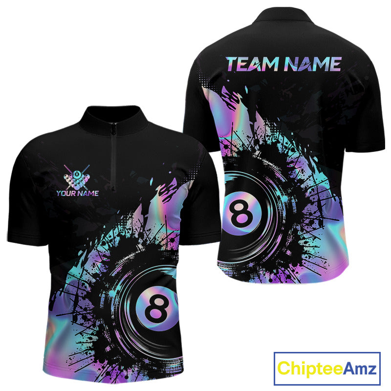 Men's holographic rainbow quarter zip billiard shirt, personalized pool league jersey, billiard tournament apparel, athletic custom uniform.
