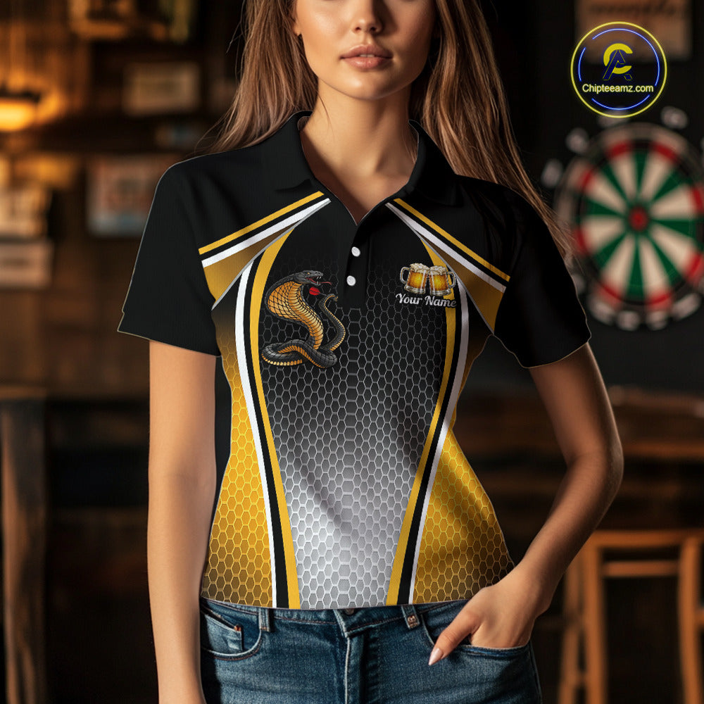 Funny Cobra Cheer Beers Polo & 1/4-Zip Shirt Custom Black & Yellow Cobra Women Best Dart Team Shirts NYN2897