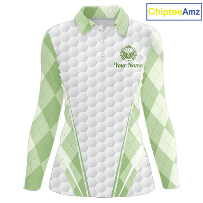 Womens Golf Polo Shirt Argyle Pattern Golf Shirts For Womens Green Argyle And White Golf Ball Gifts NYN2906