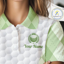 Load image into Gallery viewer, Womens Golf Polo Shirt Argyle Pattern Golf Shirts For Womens Green Argyle And White Golf Ball Gifts NYN2906