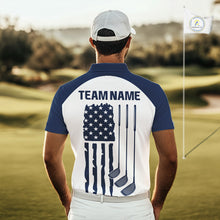 Load image into Gallery viewer, Male golfer wearing patriotic US flag golf polo shirt, red white and blue golf apparel, men's golf tournament outfit
