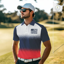 Load image into Gallery viewer, Male golfer wearing patriotic US flag golf polo shirt, red white and blue golf apparel, men's golf tournament outfit