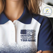 Load image into Gallery viewer, Female golfer wearing patriotic US flag golf sleeveless polo shirt, red white and blue golf apparel, women's golf tournament outfit