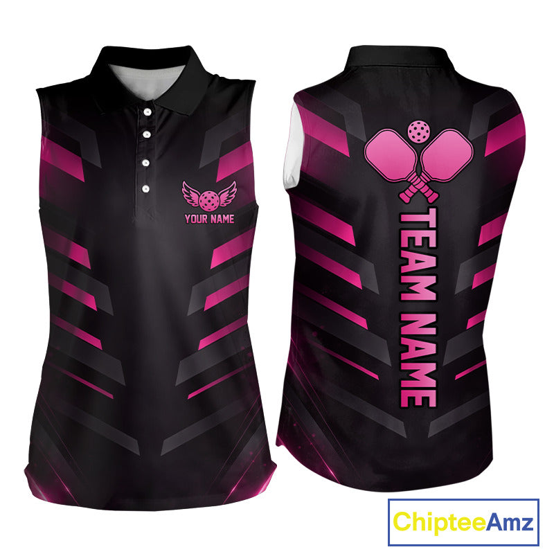 Custom Pink & Black Lightning Women's Pickleball Sleeveless Polo, Personalized Team Apparel, Performance Pickleball Polo, Lightning Paddle Sports Shirt, Tournament Uniform, Athletic Golf & Tennis Inspired, Speed, Power, Championship Spirit