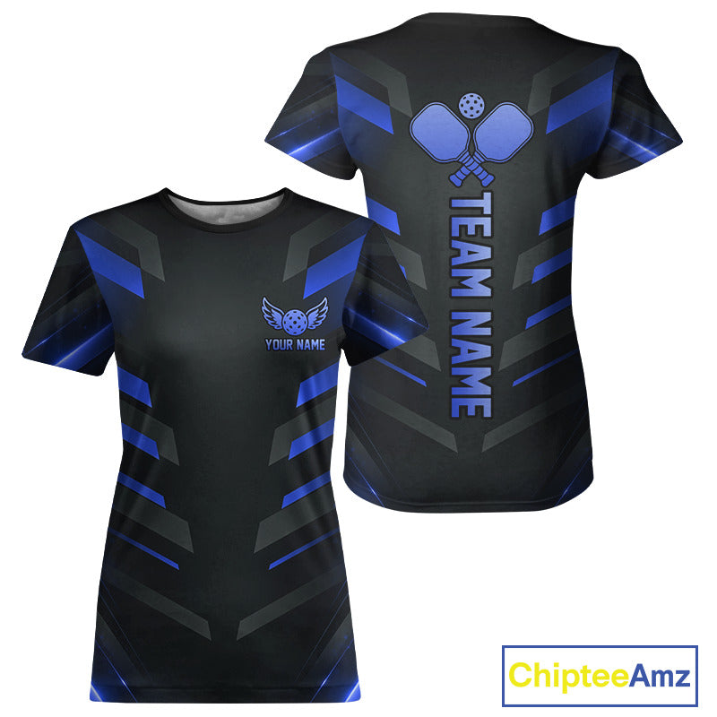 Custom Blue & Black Lightning Women's Pickleball T-Shirt, Personalized Team Shirt, Paddle Tournament Apparel, Athletic Performance Tee, Confidence & Victory